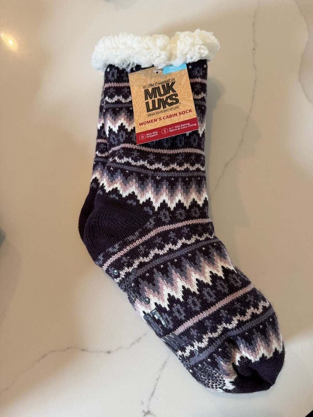 Muk Luks Cabin Sock Size OSFM Purple Fair Isle Sherpa Lined